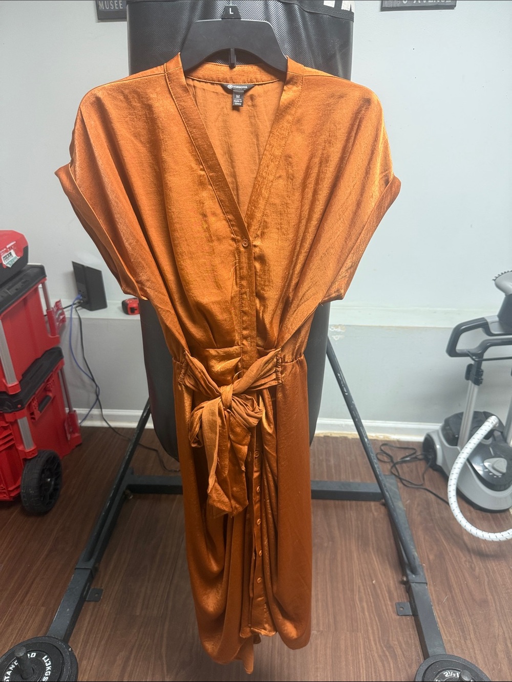 Versona Rust-Orange Satin Button-Front Maxi Dress with Tie Waist